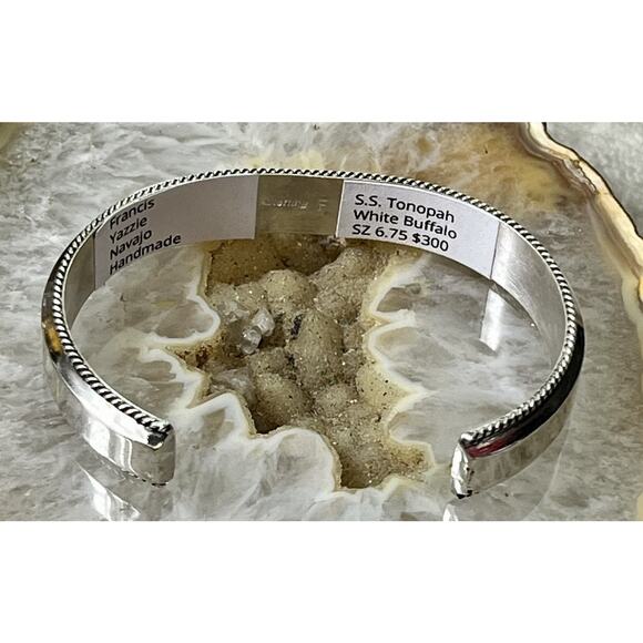 Navajo Handmade Sterling Silver White Buffalo Inlay Cuff Bracelet by F Yazzie - Picture 12 of 16